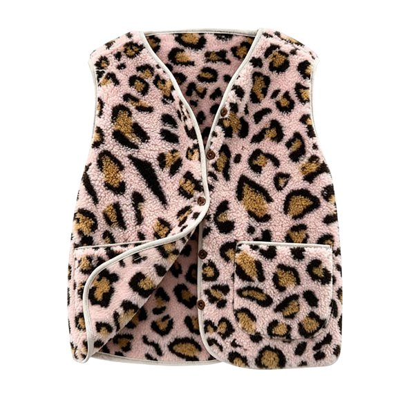 Womens Casual Sleeveless Vest Leopard Print Button Down Loose Fit Fall Winter Daily Layering Outerwear, M