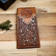 thumbnail image 3 of Western Stakes Mexican 50 Peso Embossed Leather Long Wallet Floral Cutout Layered Checkbook Style Cowboy Hand Crafted High End Mens Wallets Leather Gifts For Men (Brown & White), 3 of 5