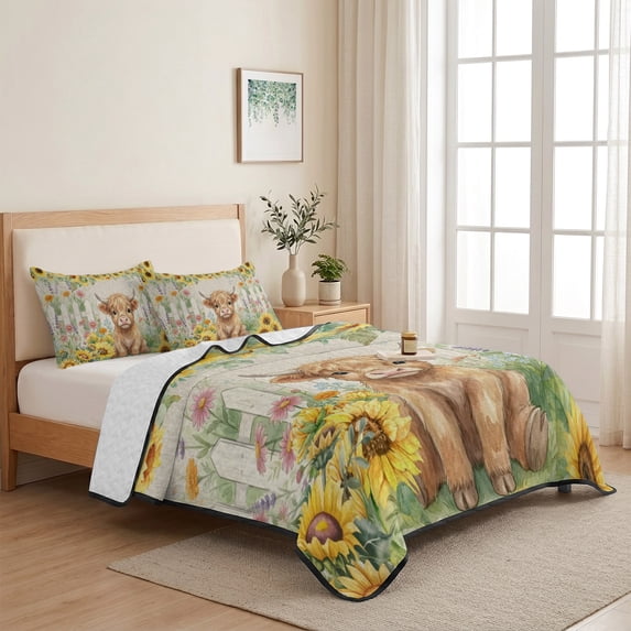 3 Pieces King Quilt Set,Farm Blossom Sunflower Soft Bedding Sets with 1 Quilt & 2 Pillow Shams,Country Green Leaves Summer Bedspread Lightweight Coverlet Comforter