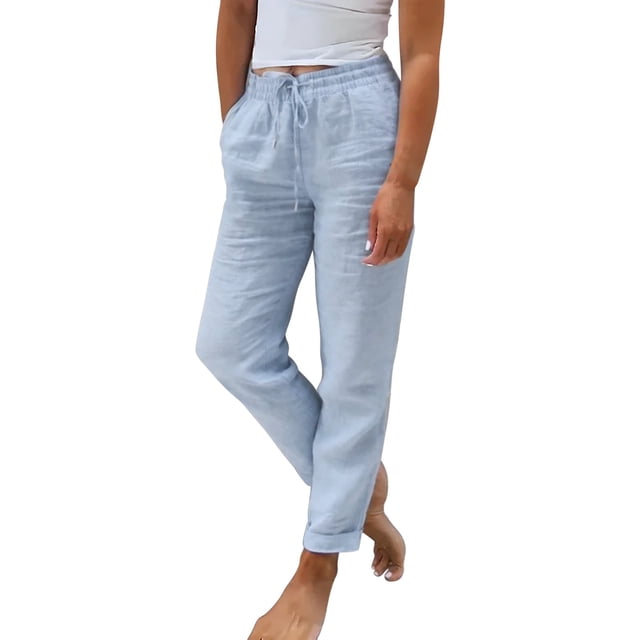 Ladies Summer Elastic High Waist Solid Color Linen Wide Leg Loose Pants Womens Casual Pants Linen Track Pants Wide Leg Long Linen Pants Women Womens Pants Womens Sweatpants Womens Casual Pants plus