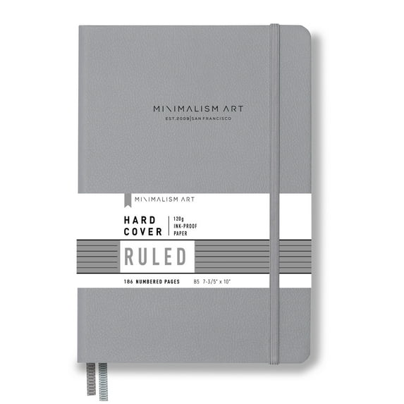 Minimalism Art, Premium Hard Cover Notebook Journal, Large Size, Composition B5 7.6"x10", 186 Numbered Pages, Gusseted Pocket, Ribbon Bookmark, Extra Thick Ink-Proof Paper 120gsm (Wide Ruled, Gray)