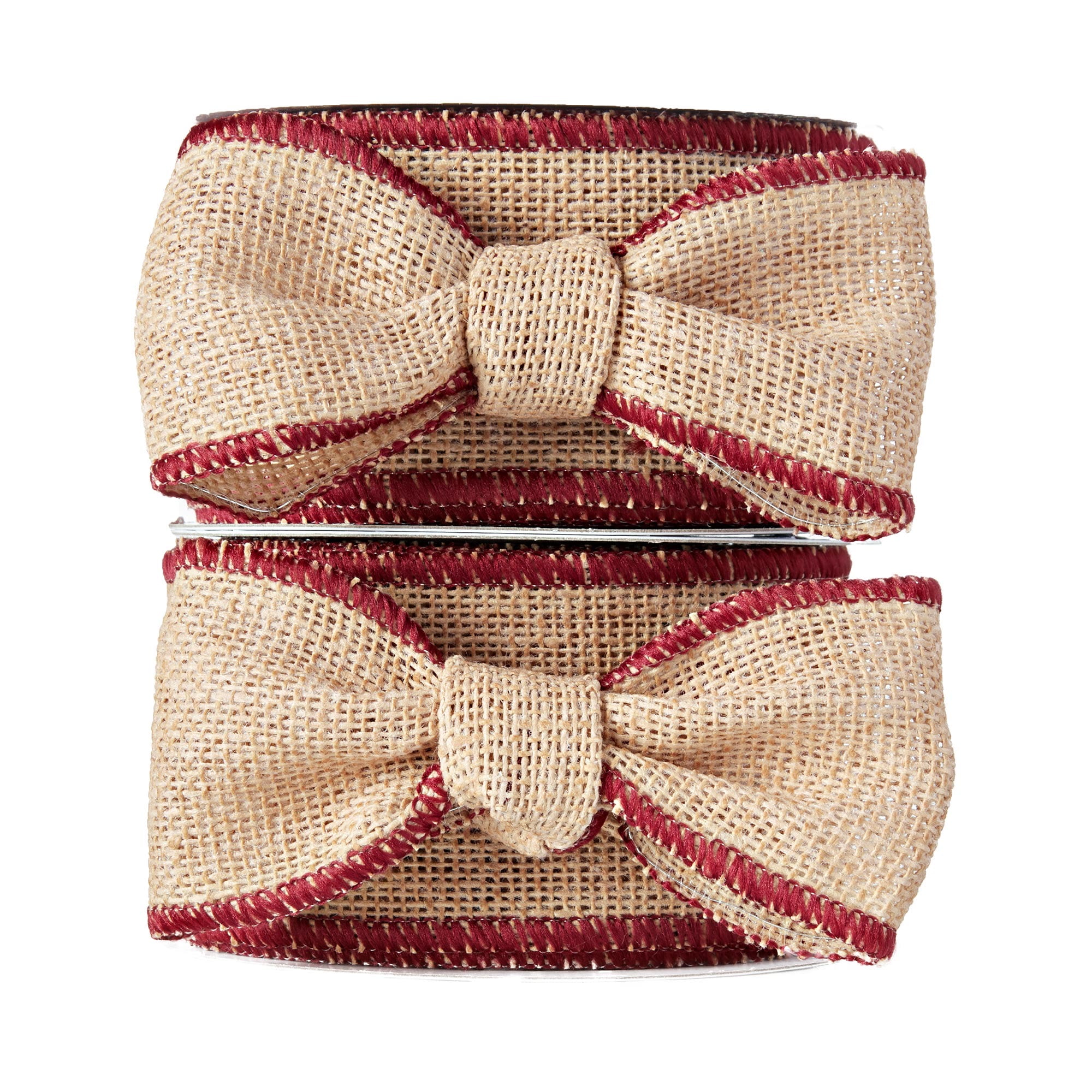 Holiday Time Christmas Beige Tan Natural Burlap Polyester Ribbons, with Burgundy Edge (2 Count) 18' x 2.5'