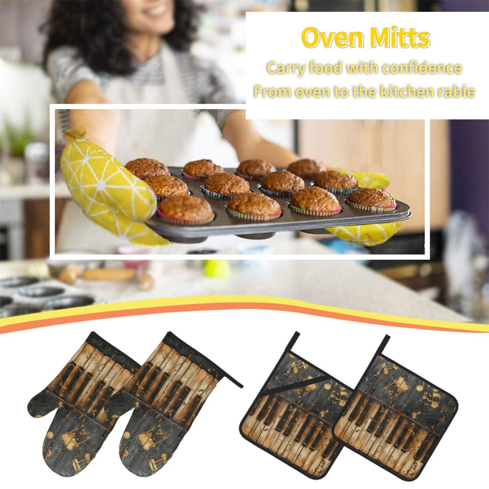 Musical Notes Piano Vintage Golden 4Pcs Oven Mitts and Pot Holders Sets Oven Kitchen Gloves Hot Pads for Cooking BBQ Baking Grilling