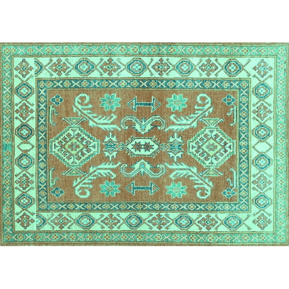 Ahgly Company Indoor Rectangle Geometric Turquoise Blue Traditional Area Rugs, 5' x 8'