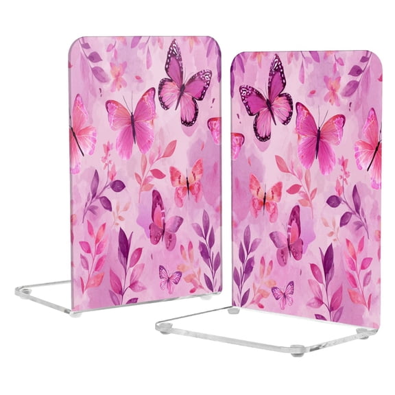 2Pack Acrylic Bookends Clear L-Shaped Book Holders with Non-Slip Pads Sturdy Durable Book Stoppers for Shelves, Office, School, Library, Home Desk Decor Pink Butterfly Garden in Blush