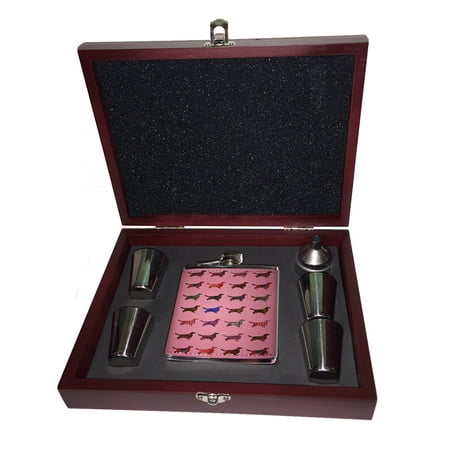 

KuzmarK Pink Leather Flask Set in Rose Wood Gift Box - Irish Setter Dog