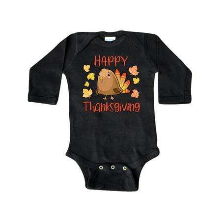 

Inktastic Happy Thanksgiving Cute Little Turkey with Fall Leaves Gift Baby Boy or Baby Girl Long Sleeve Bodysuit