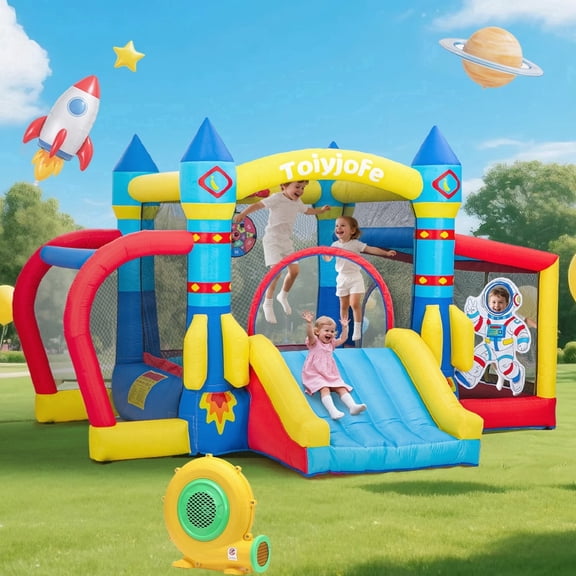 Toiyjofe Space Walk Bounce House for kids 3-6, Inflatable Bouncer with Slide, Ball Pit and Soccer Goal, for Backyard Outdoor Play, Blower Included