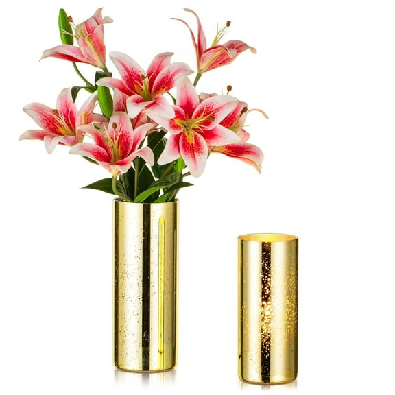 Glasseam Mercury Glass Cylinder Vase Set of 2 Gold Hurricane Candle Holder Vases 7.8" 10"