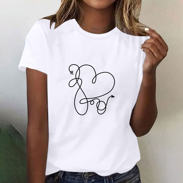 Meichang T-Shirts de la Saint-Valentin pour Femmes, T-Shirts Mignons à Imprimé Cœur, Col Rond Décontracté, Coupe Ample, T-Shirts de Fête à Manches Courtes, Vêtements Mignons