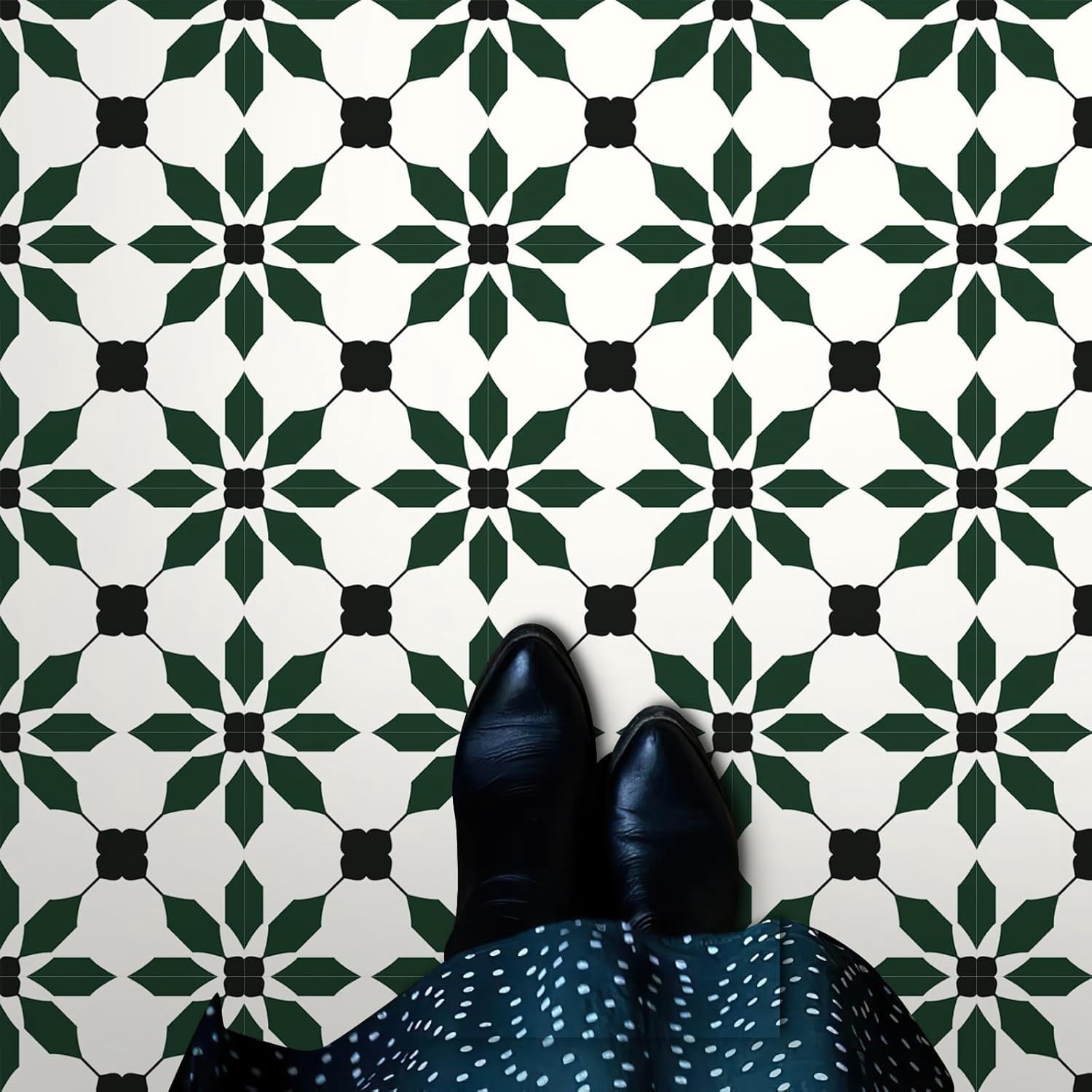 MORCART 7.87" x 7.87" Peel and Stick Floor Tile, 40 PCS Self-Adhesive DIY Vinyl Flooring for Renters, Removable and Waterproof Tile Sticker for Bathroom, Kitchen, Staircase(Black Green)