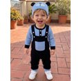 thumbnail image 6 of 3Pcs Infant Boy Outfit Crew Neck Long Sleeve Contrast Color Romper Suspender Pants and Dog Face Print Hat Set, 6 of 8