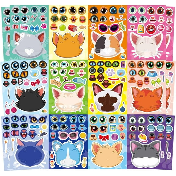 24 Sheets Cats Stickers for Kids, Make a Cat Face Stickers, DIY Cat Animal Stickers for Birthday Gifts, Party Favors Supplies Teacher Art Craft, School Activities & Classroom Rewards