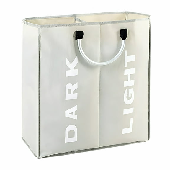 LAMIRO Double Laundry Hamper Sorter- Collapsible Canvas Clothes Basket with Dual Sorting Sections and Round Handles,2 section Darks Lights Dirty Clothes Laundry Basket Sorting for Bathroom Dorm