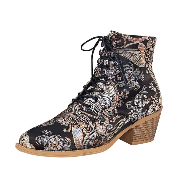 Wovix Womens Ankle Boots Pointed Toe Vintage Floral Embroidered Block Heel Cowboy Boots Heighten Ankle Booties Unique Minority Style Shoes Black 37