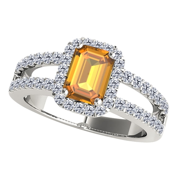 AoneJewelry Aone Jewelry 10K Solid White Gold Ring 2 Carat (I-J, I1-I2) Emerald Cut Natural Citrine and Diamonds