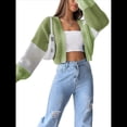 thumbnail image 3 of Suéter Tipo Cárdigan Corto de Punto Acanalado, de Larga, con Frente Abierto y Bloques de Color para Mujer Verde XXXL, 3 of 10