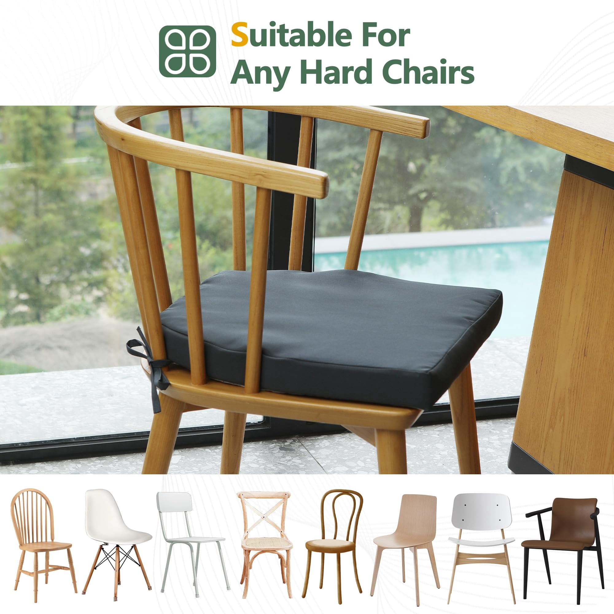Chair Cushions for Dining Chairs Set of 2, D-Shaped 17" x 16" Memory Foam Seat Cushions, 2" Thick Olefin Kitchen Chair Pads with Ties & Non-Slip Backing, Navy Blue