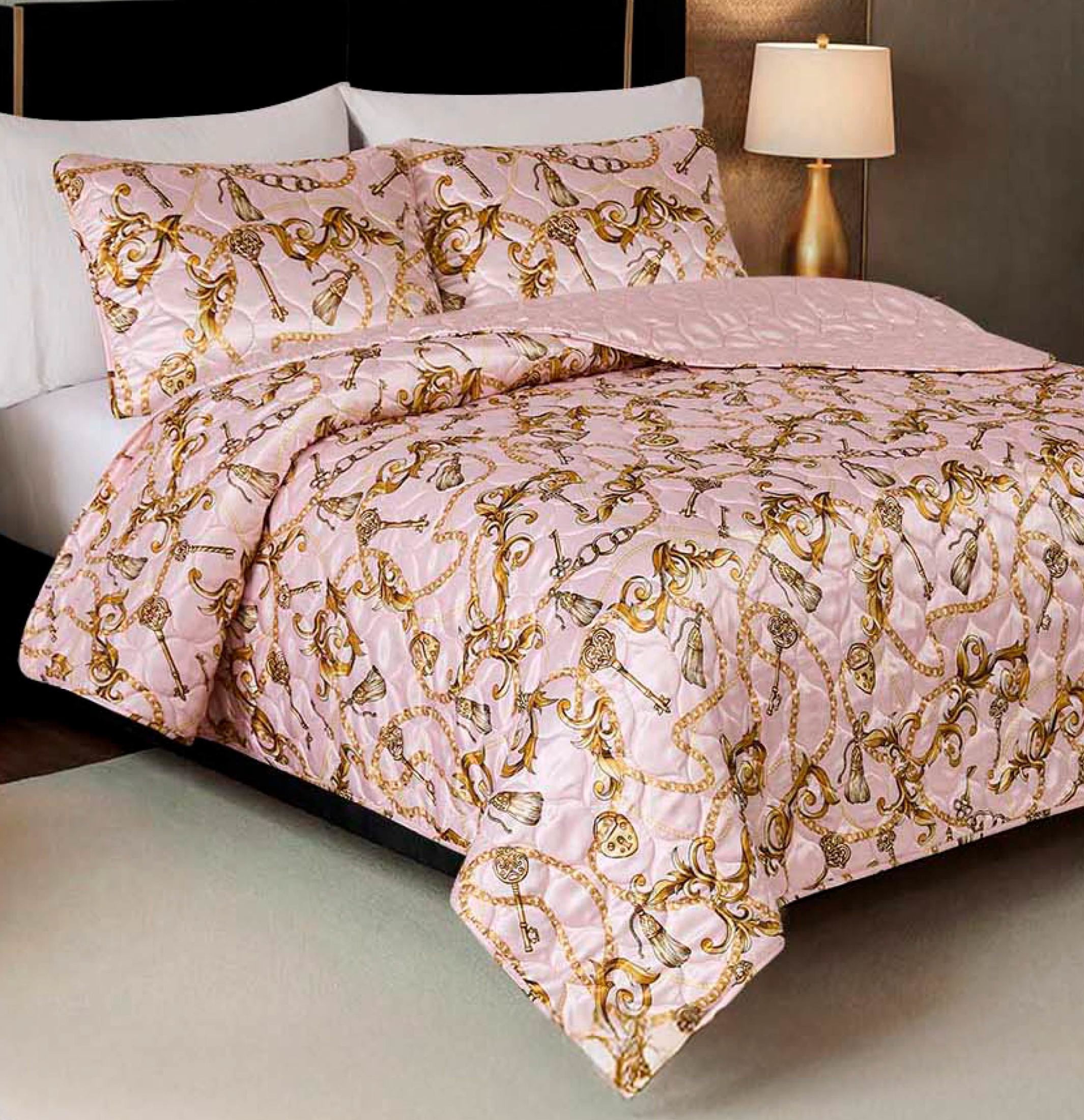Baby Phat Printed Satin Chain Light Pink 3-Piece Quilt Set, King