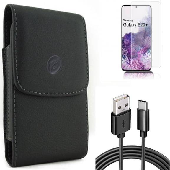 6ft USB Cable w Screen Protector w Case Belt Clip for Samsung Galaxy S20 Plus - Type-C Charger Cord Power, Tempered Glass [Fingerprint Unlock] 3D Curved Edge, Leather Holster fits Galaxy S20 Plus