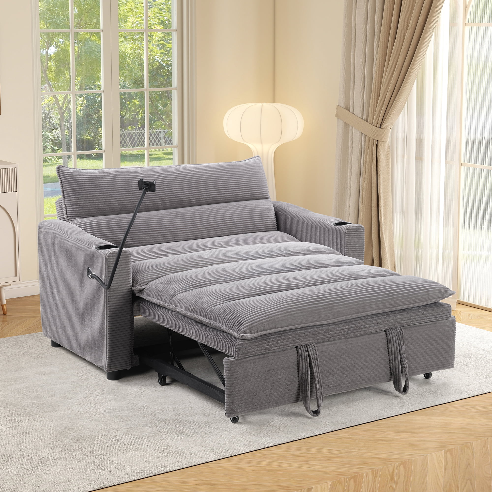 Ebello 3-in-1 Sleeper Sofa Bed, Corduroy Convertible Pullout Futon Couch with Adjustable Backrest, Phone Holders & USB Ports for Apartment, Small Space, 2-Seat(Gray)