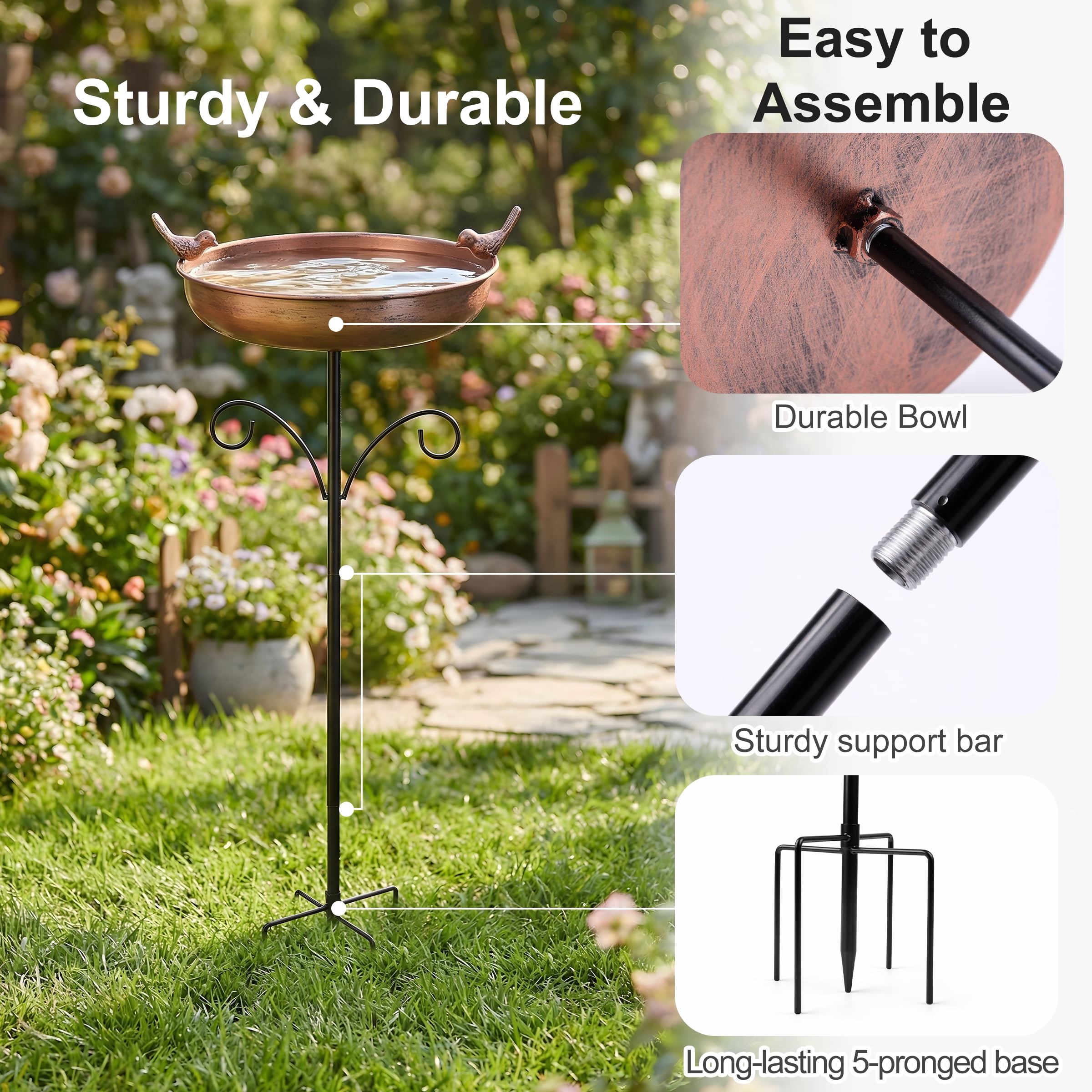 DualFerv Oval Polyresin Bird Bath Bowl with Metal Stake,31 inch Height Outdoor Freestanding Birdfeeder, 5-Pronged Base, Bronze