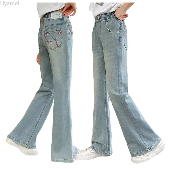 Liyamei Girls Baggy Jeans Wide Straight Leg High Elastic Waisted Denim Pants Size Blue 5-6 Years