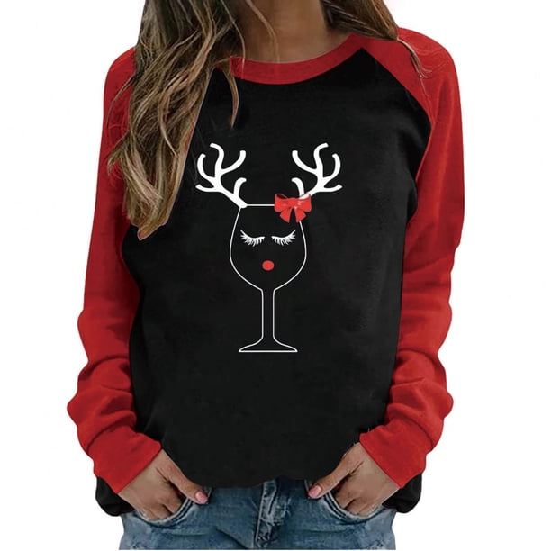 Tops Para Mujer Camisas de Manga Larga Otoño Primavera Patchwork Navidad Impreso Cuello Redondo Camiseta Casual Odeerbi ODB151556
