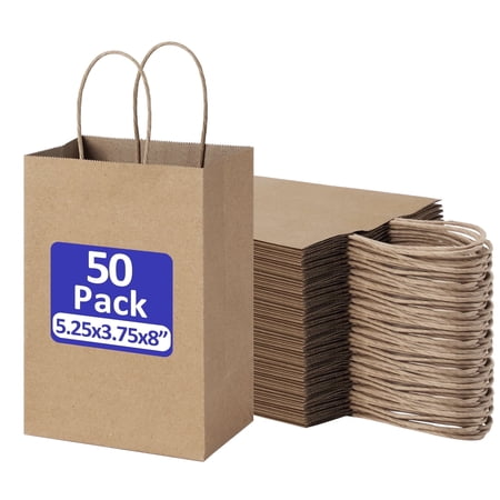 BagDream 50Pcs Brown Paper Gift Bags 5.25x3x8inch Small Paper Bags with Handles Bulk for Shopping Wedding Father s Day Merchandise and Business Party