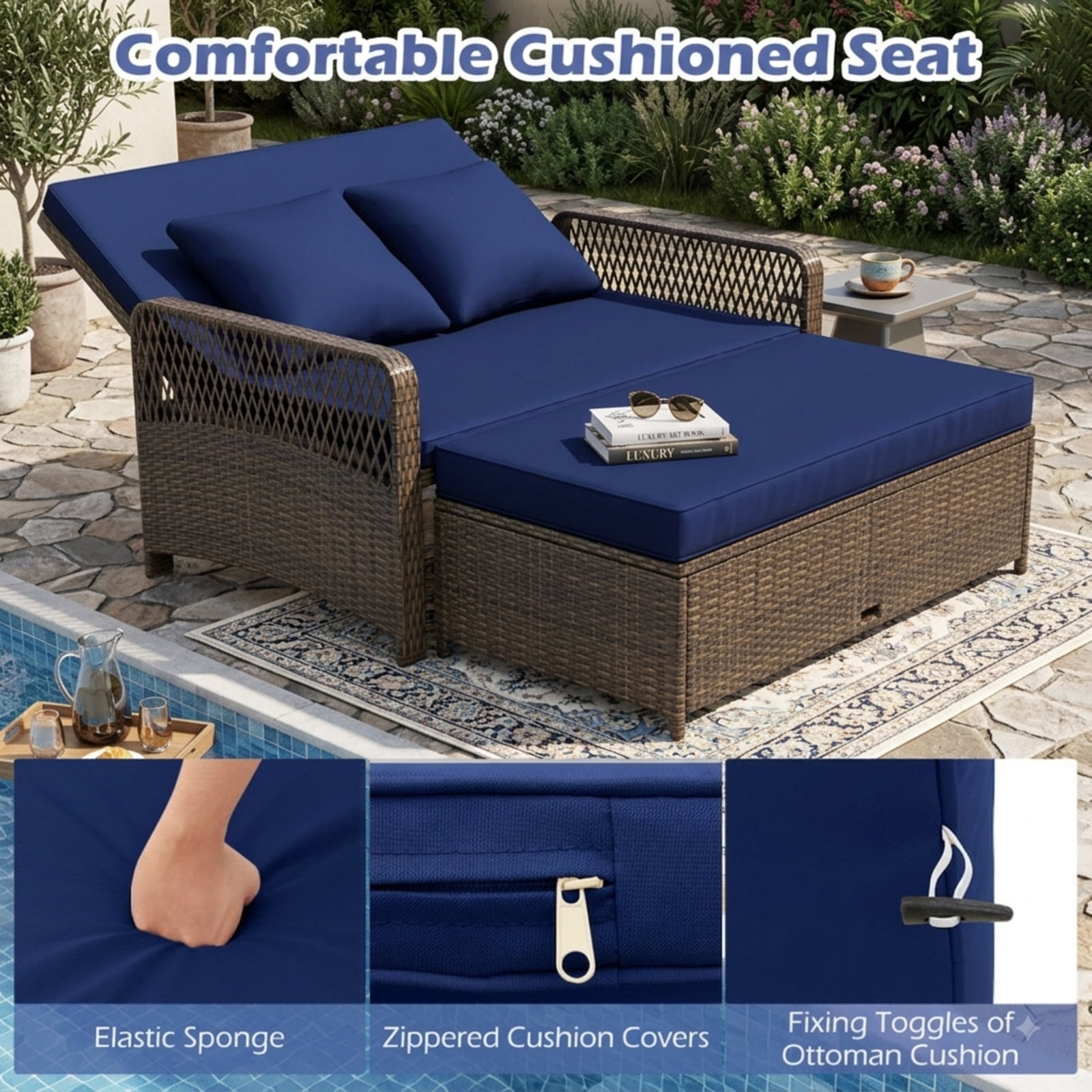 Furnibear Patio Wicker Daybed with 4-Level Backrest, Outdoor PE Rattan Loveseat Sofa & Ottoman Set with Cushions for Backyard Poolside, 800 LBS, Navy