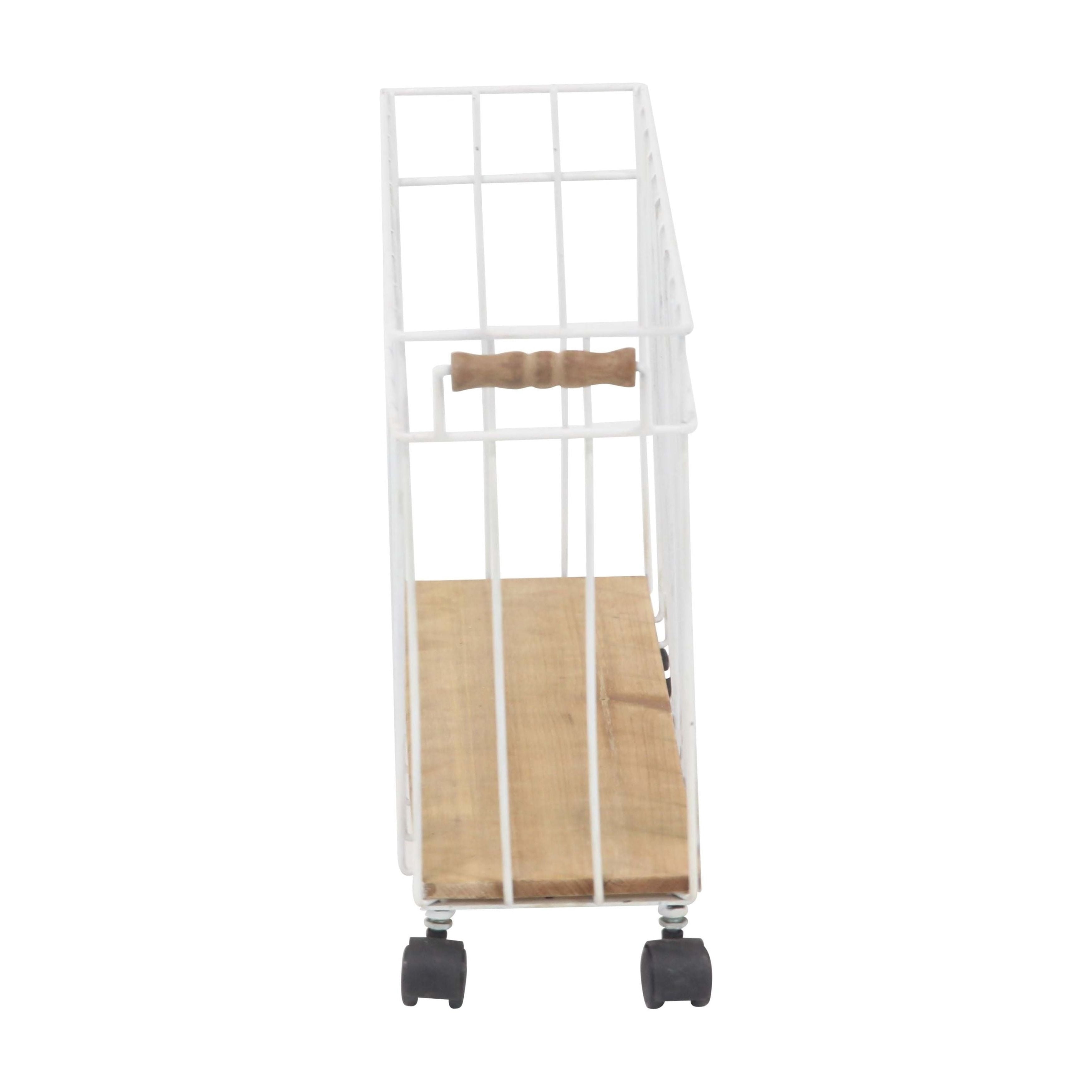 Decmode Rustic Fir Wood and Metal Magazine Basket With Caster Wheels, White