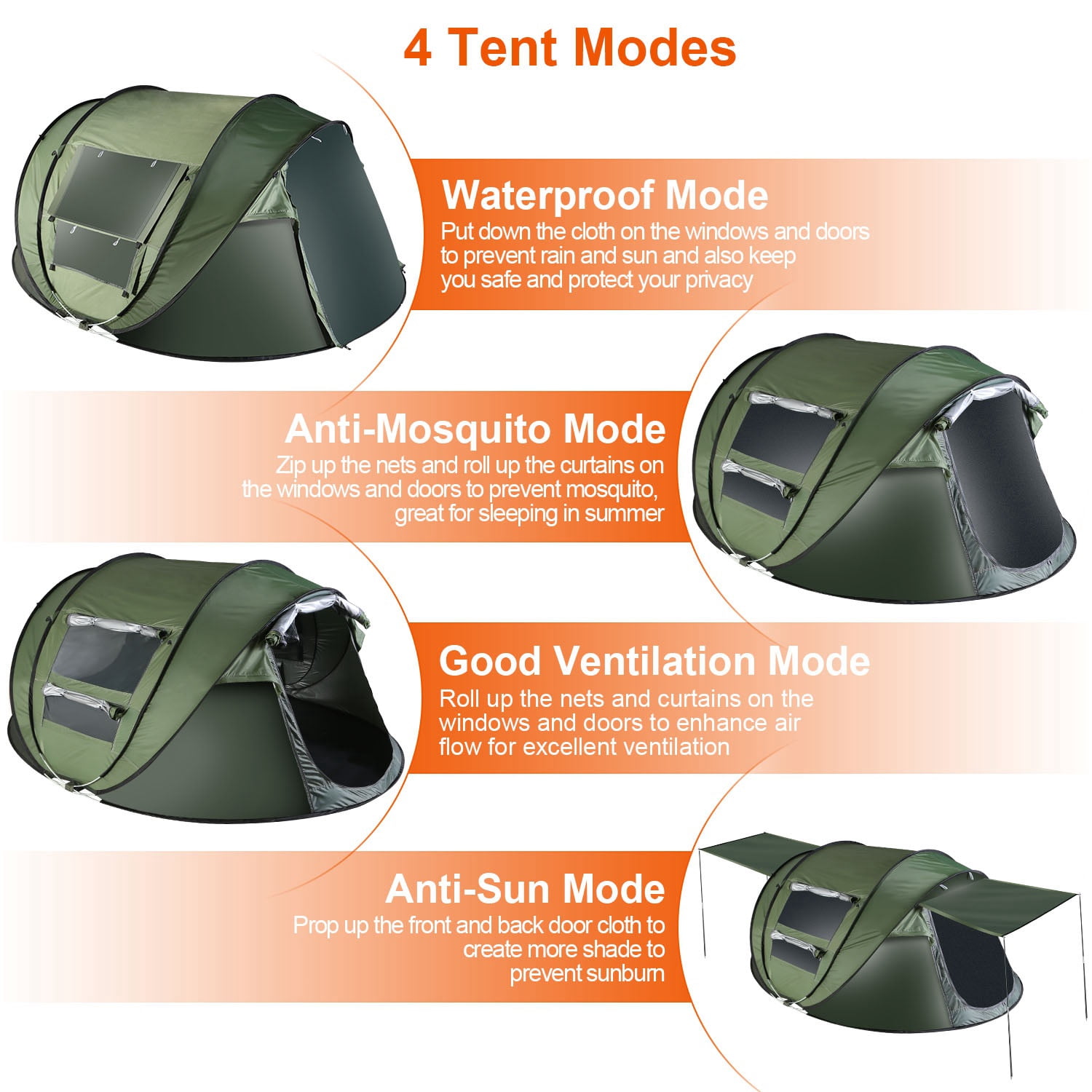 Pop up Camping Tent for 4-5 Person Tent Waterproof Instant Easy Setup Family Tent with 4 Tent Poles for Camping Hiking Climbing Traveling Khaki
