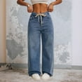 thumbnail image 3 of Straight Leg Jeans for Women Mid Waist Casual Baggy Drawstring Adjustable Denim Jeans Vintage Boyfriend Streetwear, 3 of 8