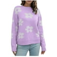 thumbnail image 2 of Ound-Neck Sweaters For Women Trendy Loose Flowers Long Sleeve Turtleneck Pullover Lantern Knit Sweater Tops Purple S, 2 of 7