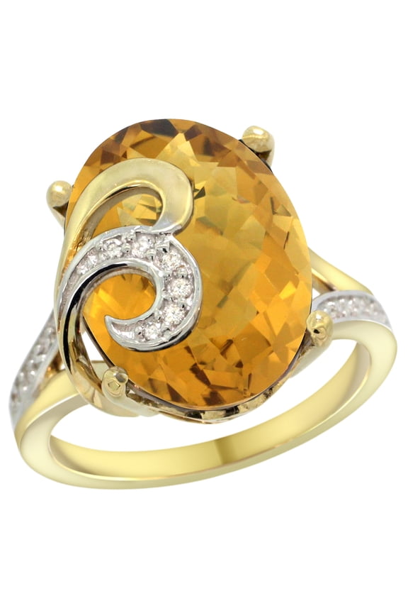 14k Yellow Gold Natural Whisky Quartz Ring 16x12 mm Oval Shape Diamond Accent, 5/8 inch wide, size 7