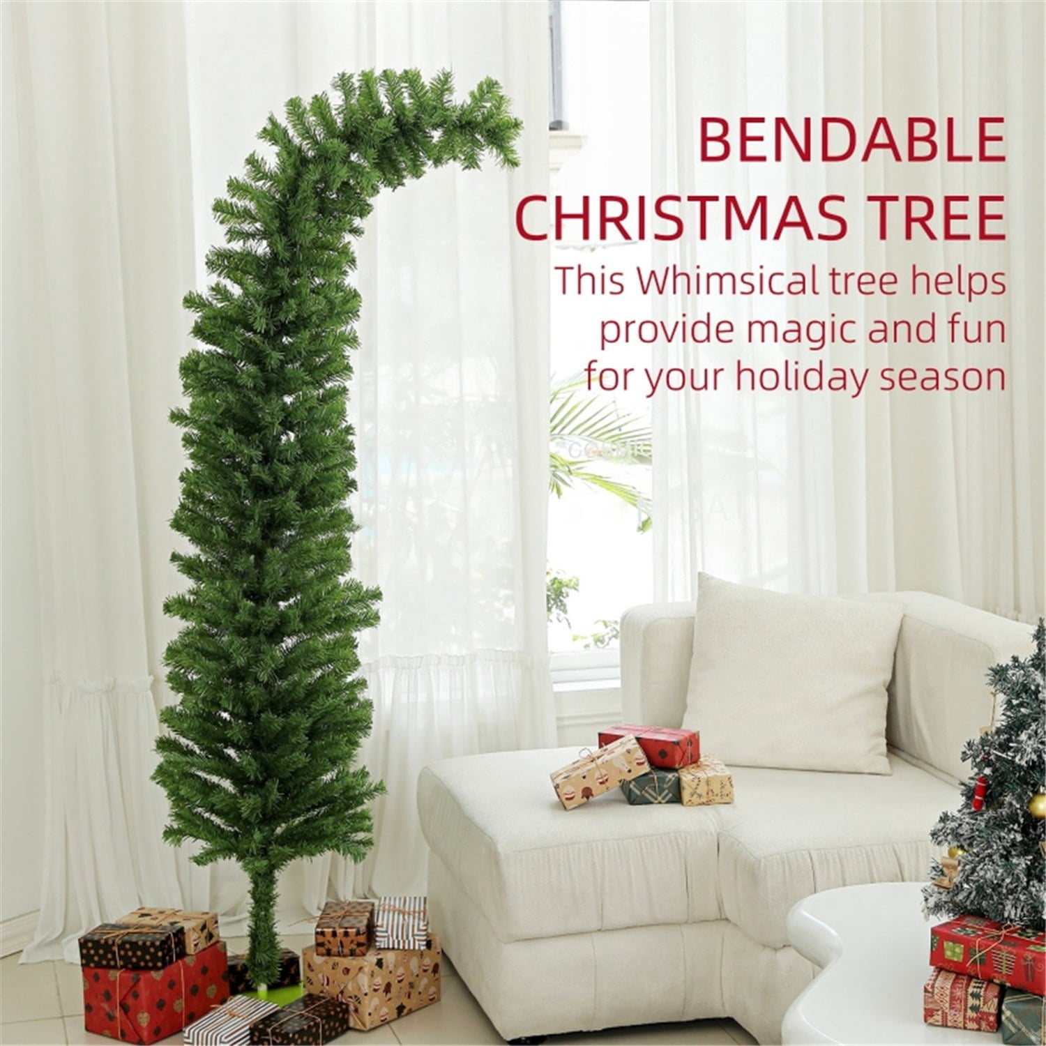 Astoutdoor 6 ft Christmas Tree with Curled Top, Pencil Design, Green, 400 Tips, Indoor Use