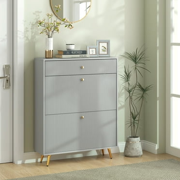 HOMCOM Narrow Shoe Storage Cabinet for Entryway with Wave-like Panels and Adjustable Shelves for 12 Pairs of Shoes, Gray
