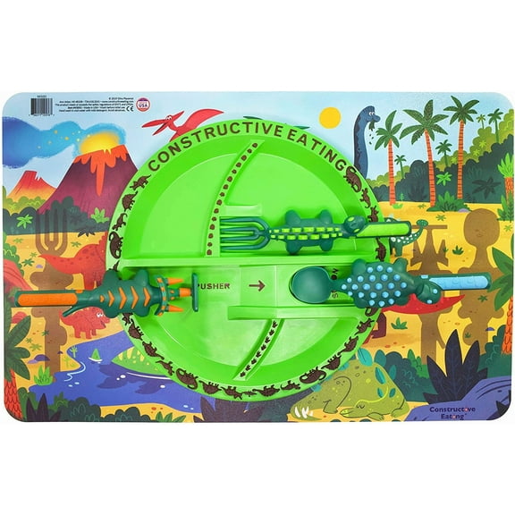 Constructive Eating Made in USA Dinosaur Combo Set of 3 Utensils, Plate & Placemat for Toddlers, Infants, Babies and Kids - Made With Materials Tested for Safety