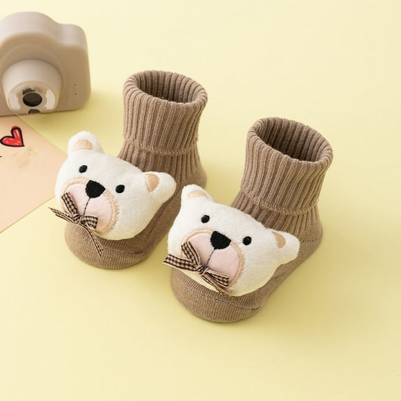 Avrnliq Cotton Kids Socks for Girls - Stay-On Ankle Socks with 3D Teddy Bear & Checkered Bow, Soft Breathable Khaki Socks (S:0-1Y/M:1-3Y),Size S