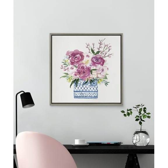 Kate and Laurel Sylvie Pink Blooms in Chinoiserie Framed Canvas Wall Art by Patricia Shaw, 22x22 Gray, Cute Floral Art for Wall