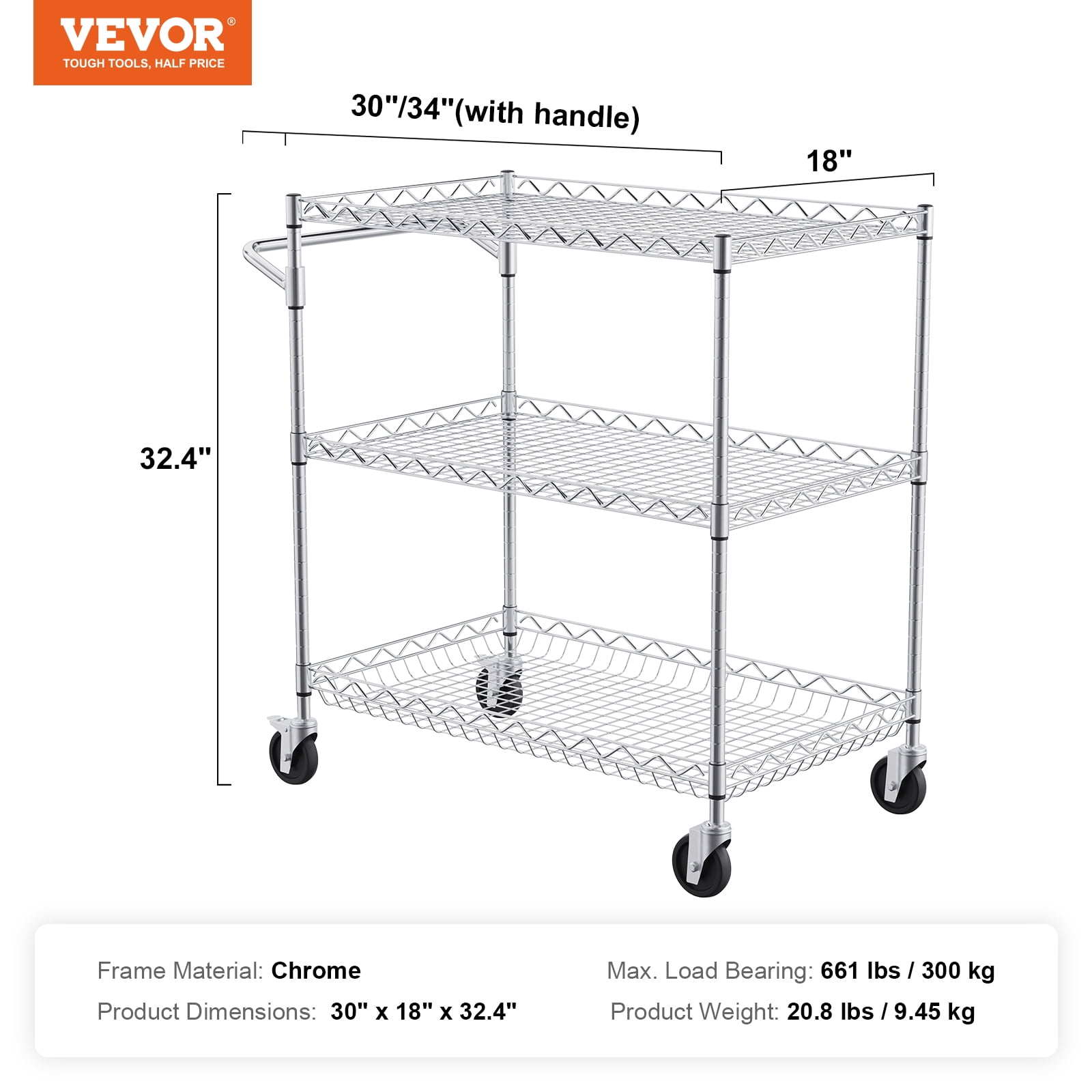 VEVOR 3-Tier Utility Cart Rolling Cart on Wheels 30"x18"x32.4" 661 lbs 6 Hooks