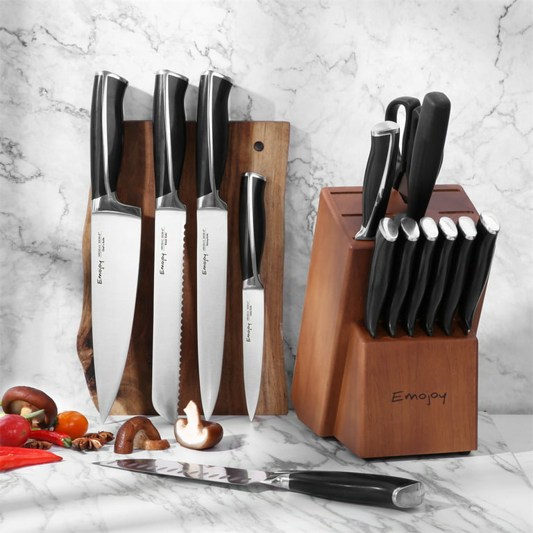 Emojoy Knives Set for Kitchen With Block,Rust Proof,15-Pcs Knife Set with  Block Wooden, Black Handle German Stainless Steel Cutlery Knife Set