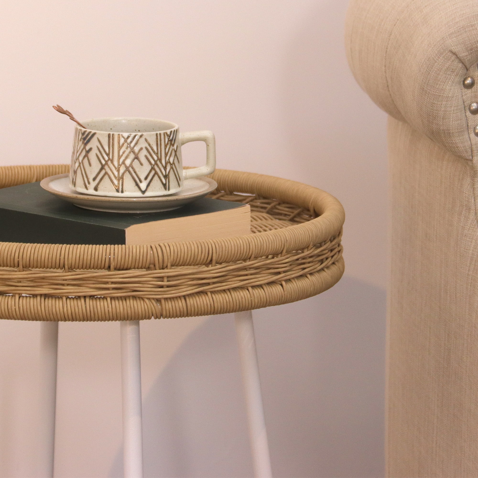 Abble Indoor Outdoor Side Tables, Wicker Small Round Metal End Table, Weather Resistant Rattan Accent Table for Patio, Yard, Balcony, Natural
