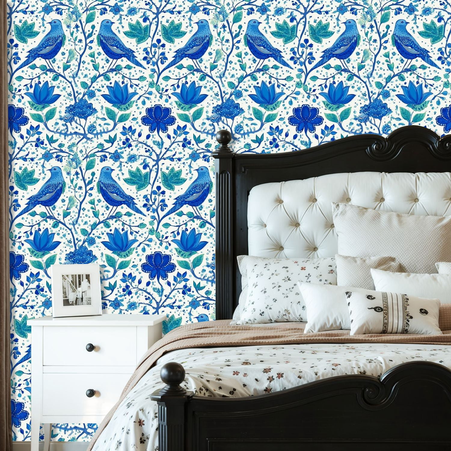 Farmhouse Peel and Stick Wallpaper 23.6in x 9.8ft Blue Floral Birds Botanical Elements Contact Paper Vinyl Self-Adhesive Removable Wall Paper for Bedroom Kitchen Cabinet Renter Friendly