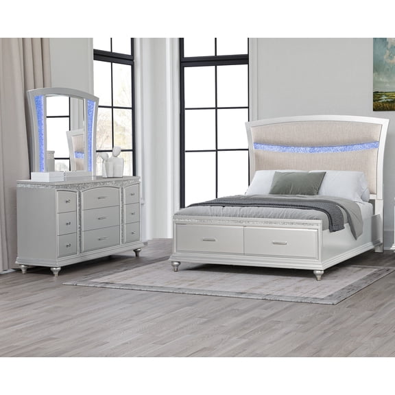 3pc Silver Storage Upholstery LED Queen Bed Dresser Mirror Set Furniture
