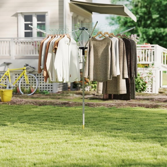 Outdoor Umbrella Drying Rack 165 Feet with 12 Lines Rotary Adjustable Height 4-Arm Foldable Clothesline for Backyard