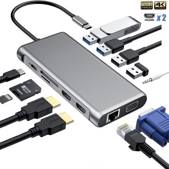 USB-C Hub - 12-in-1 Adapter with Dual 4K HDMI, VGA, USB 3.0, USB 2.0, PD Port, RJ45 Ethernet, SD/TF Card Reader, 3.5mm AUX