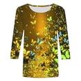 thumbnail image 4 of jtjvou Women's Basic Business Work T-Shirts Round Neck Shirts Floral Blouse Lady 3/4 Sleeve Tops Summer Plus Size Going out Tops for Teen Trendy Fashion Yellow,XL, 4 of 5