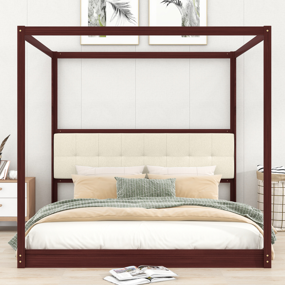 CCBUY Canopy Bed Frame King Size with Upholstered Headboard, Floor Bed