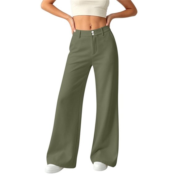 Vivianyo HD Women's High Waist Double Button Wide Leg Long Trousers, Womens Soft Full Length Pants with Pockets for Office Commuting Daily Casual Outings, Sizes S-2XL